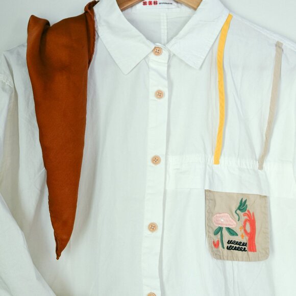 White Collared Button Down Shirt: Embroidery/Upcycled Pockets/Details - Picture 10 of 11
